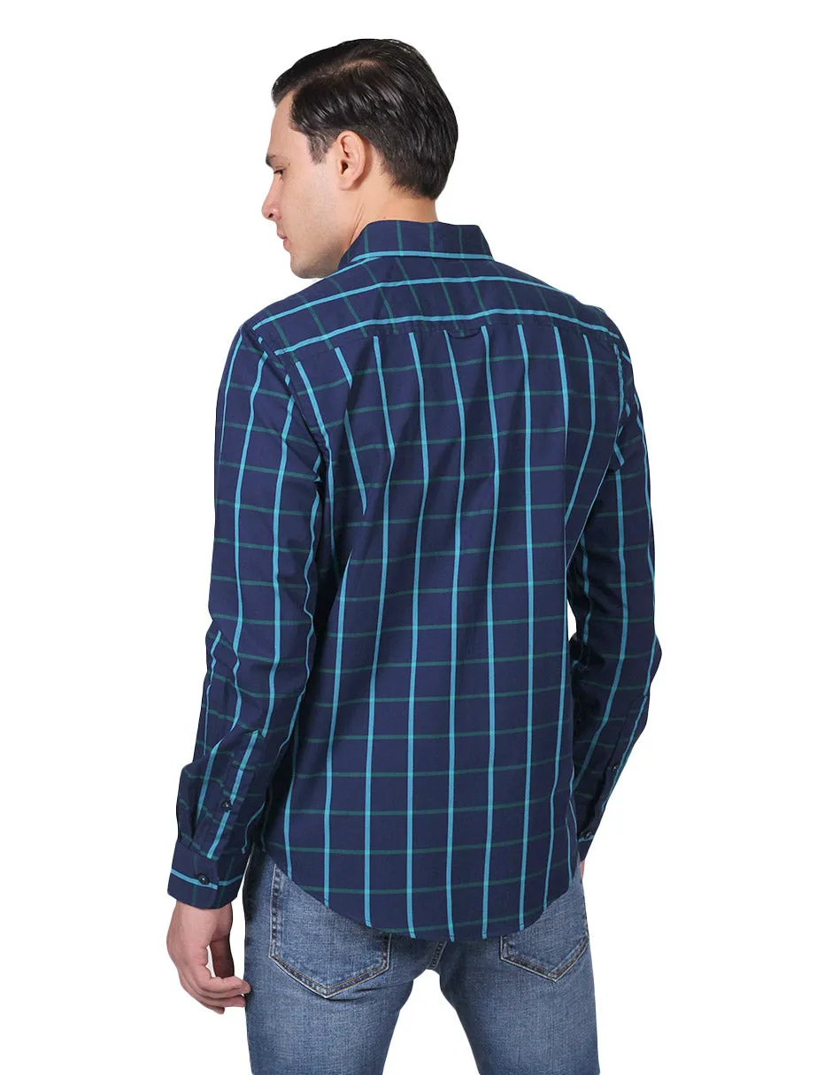 Camisas Para Hombre Moda Manga Larga Cuadros B25217 Azul