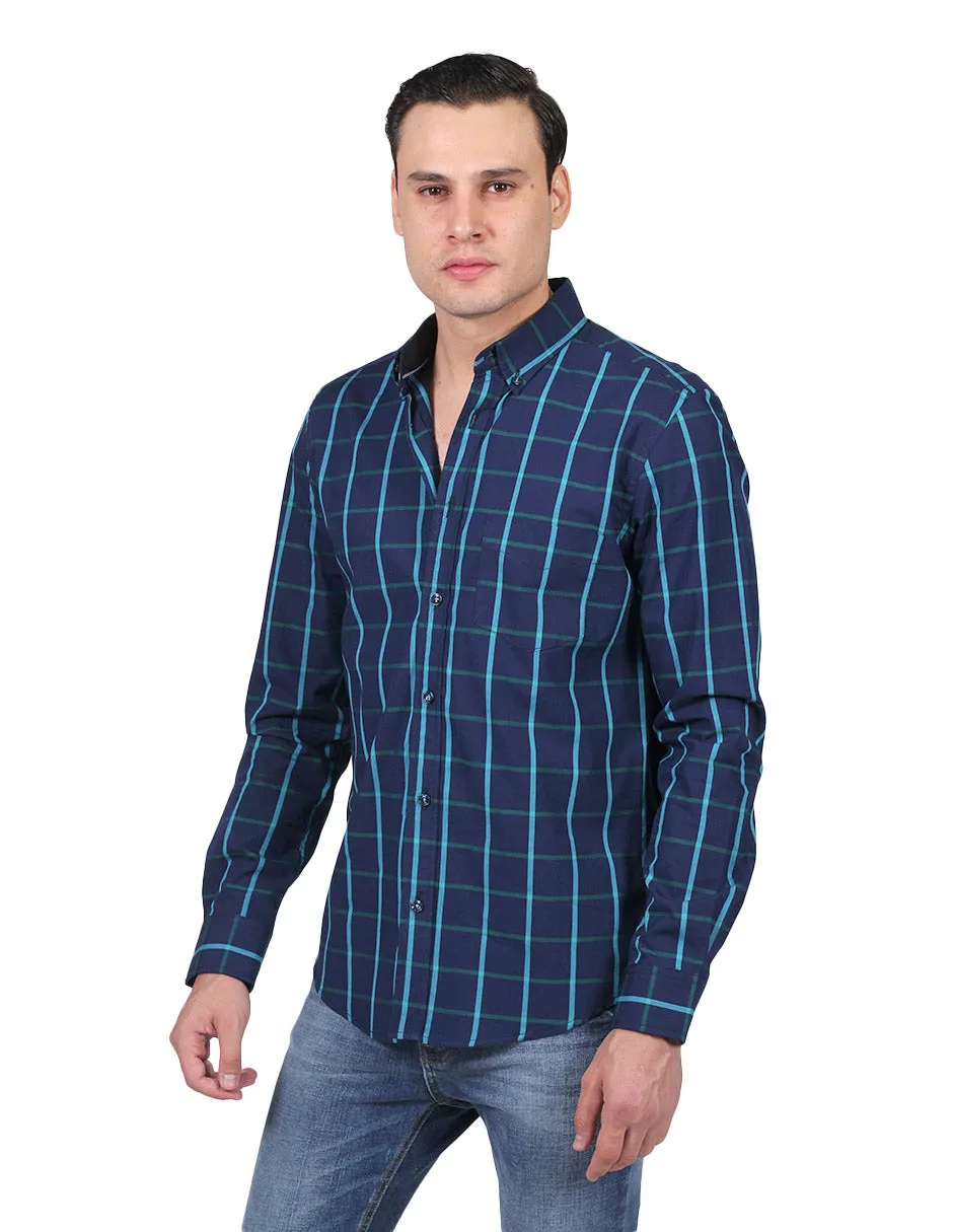 Camisas Para Hombre Moda Manga Larga Cuadros B25217 Azul