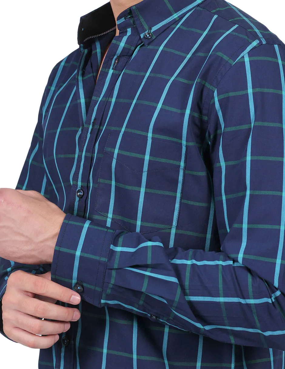 Camisas Para Hombre Moda Manga Larga Cuadros B25217 Azul