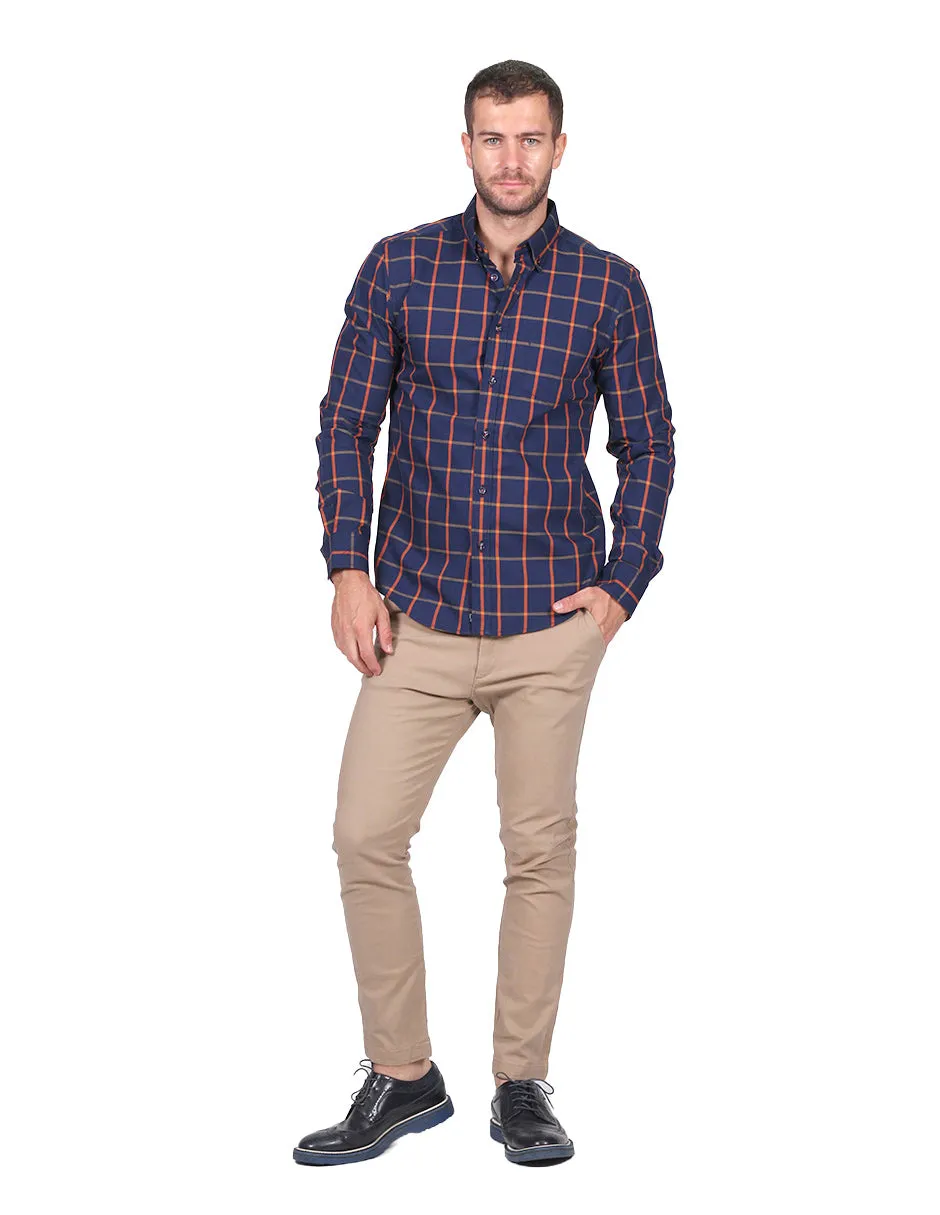 Camisas Para Hombre Moda Manga Larga Cuadros B25217 Rusty